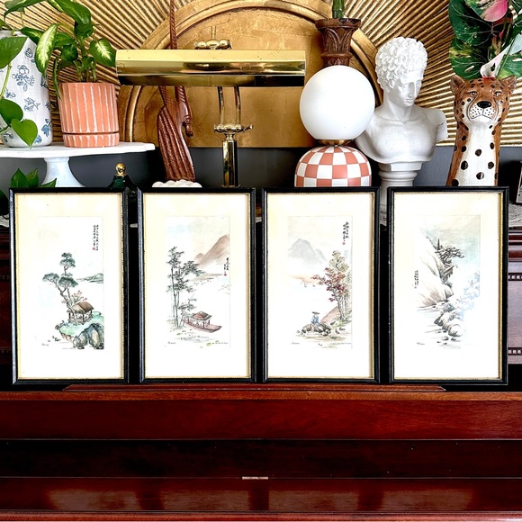 Vintage Ling-Fu Yang 4 Seasons Prints 1950's Framed Watercolor Litho Wall Art